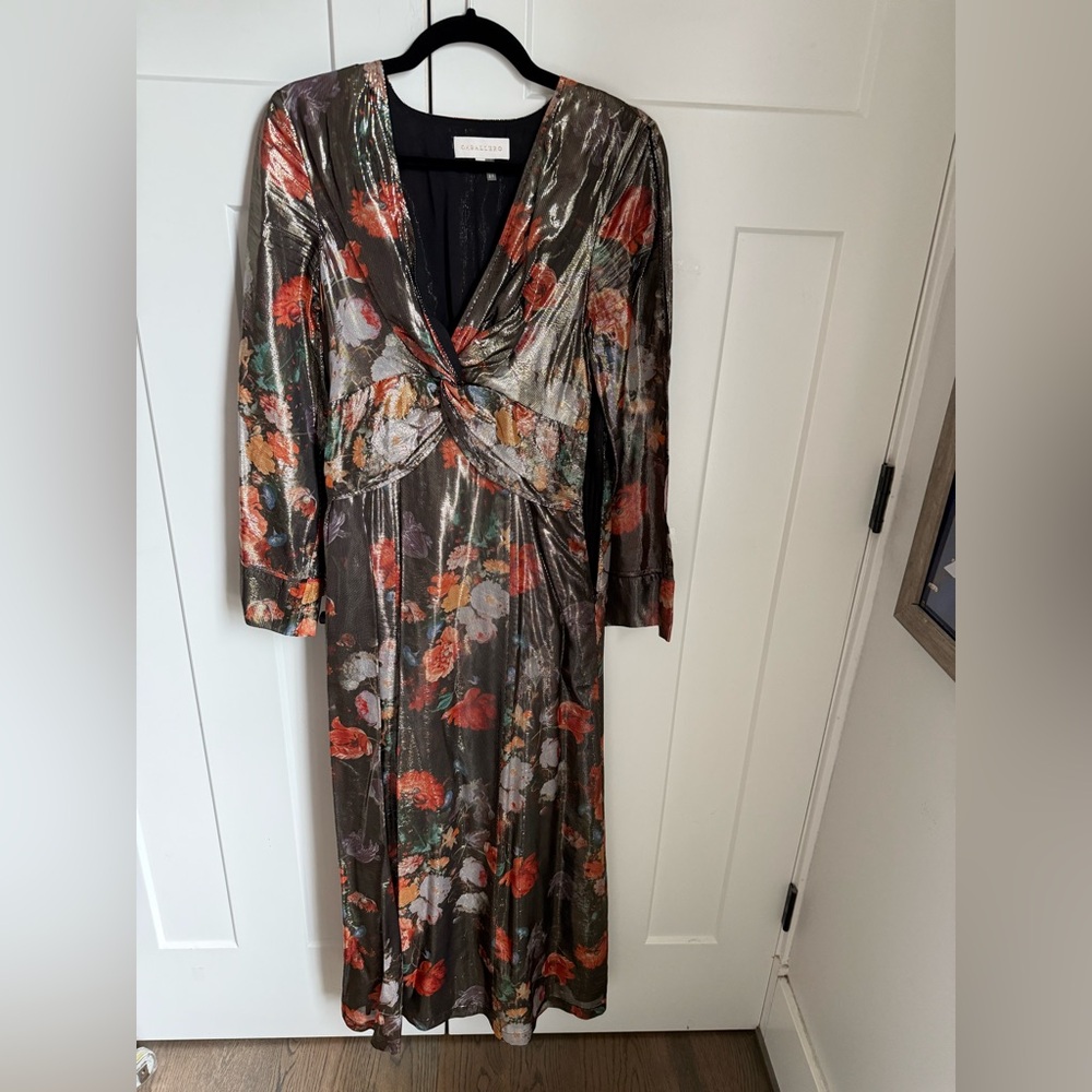 Like new Anthropologie Caballero Metallic Floral Deep V-Neck Maxi Dress size S. - Picture 4 of 9